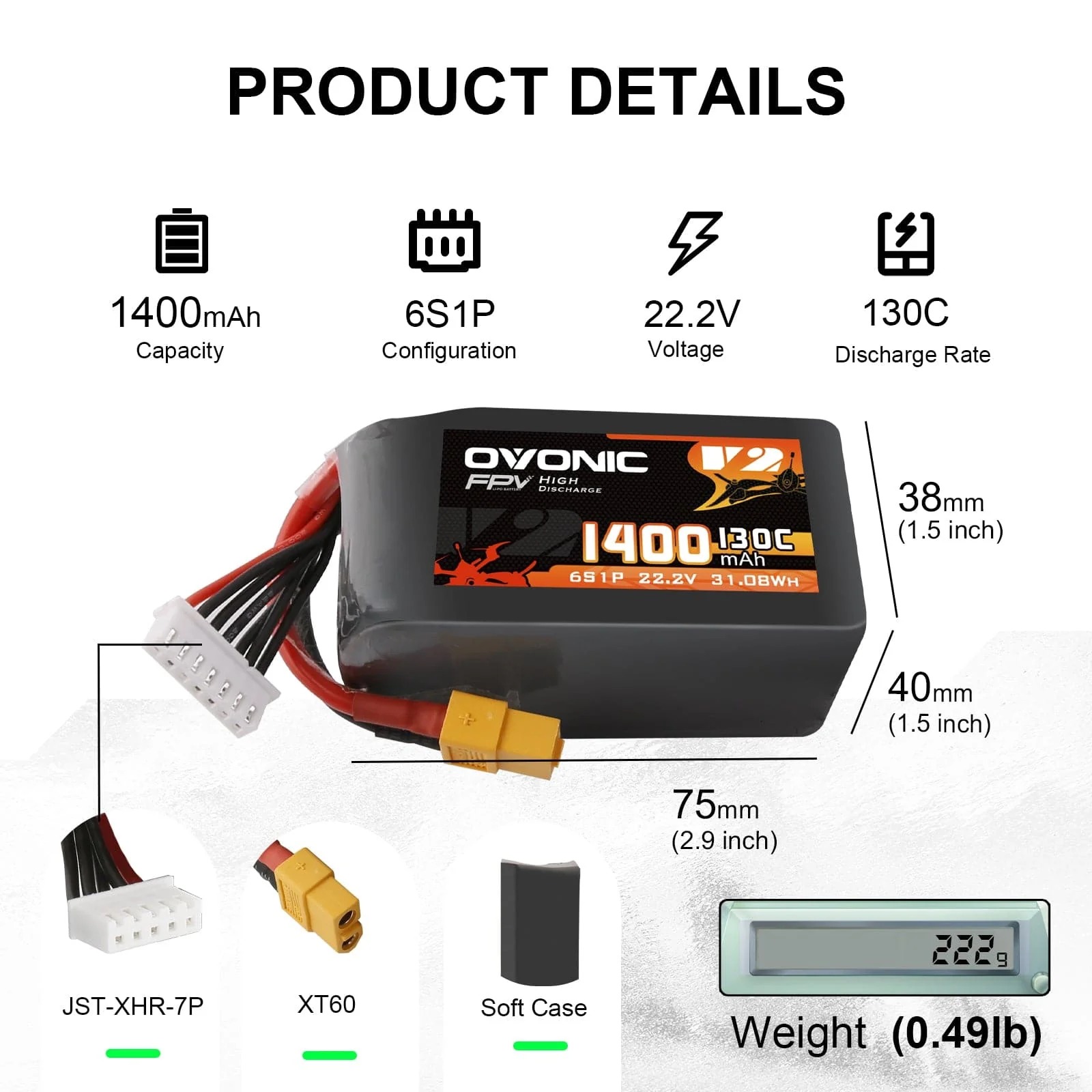 Drone Frame 5 Inch - Ovonic 6S 1400mAh 130C LiPo バッテリー